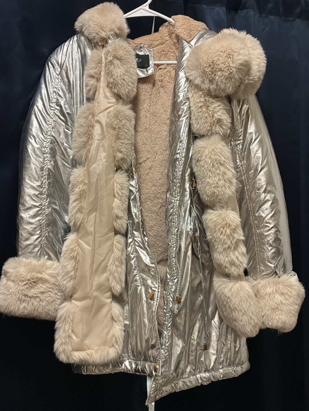 AKIRA Metallic Silver Puffer Coat with Cream Faux-Fur Trim